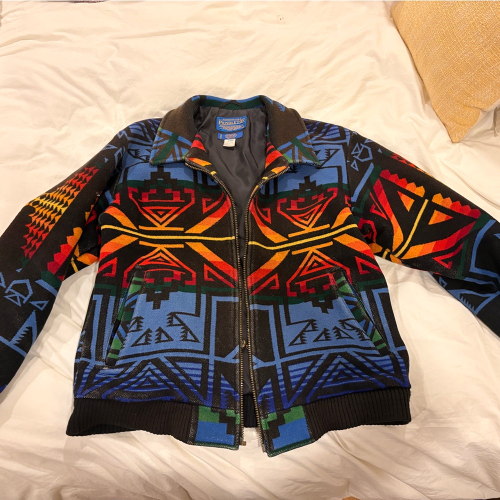 Pendleton Aztec Zip-Up Sweater Jacket with Blue, Red & Yellow Accents